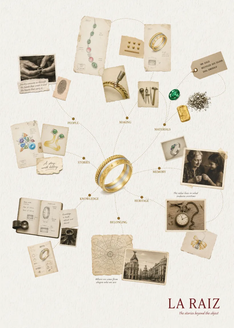 La Raíz exhibition poster: a central ring radiating to People, Making, Materials, Memory, Heritage, Belonging, Knowledge and Stories