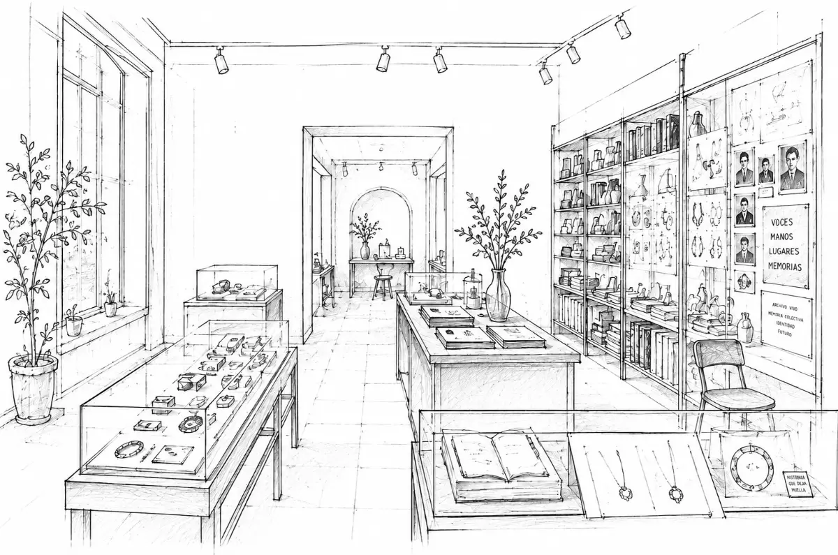 Interior sketch of La Huella, the living archive and exhibition space