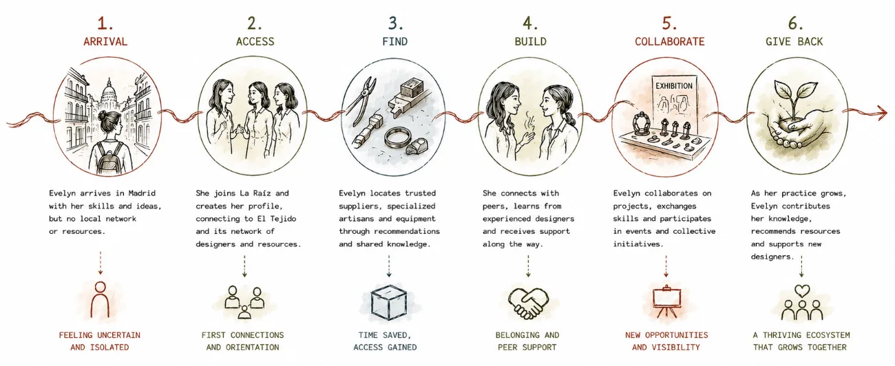 Designer's journey map following Evelyn from arrival in Madrid through access, finding resources, building, collaborating, and giving back
