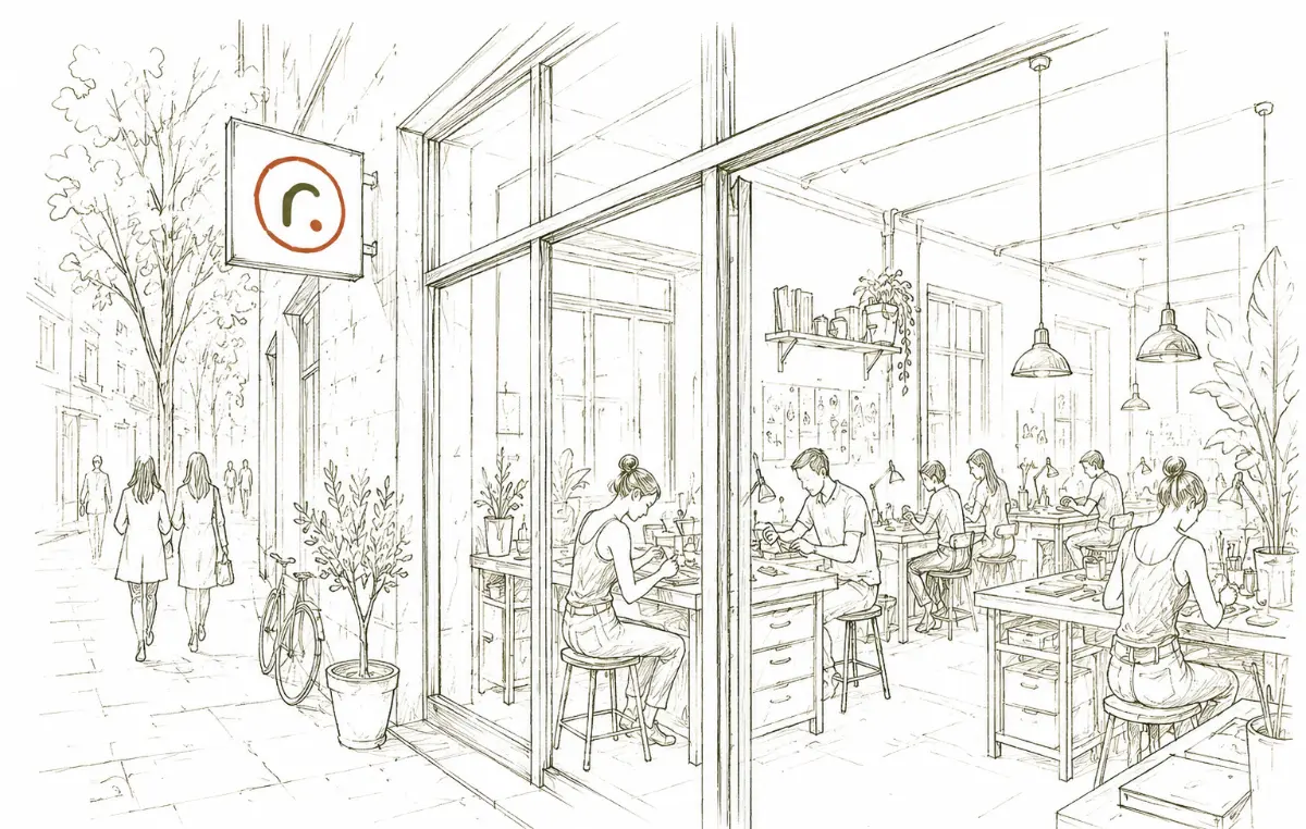 Architectural sketch of La Raíz: a street-front studio where jewelry designers work in view of passersby